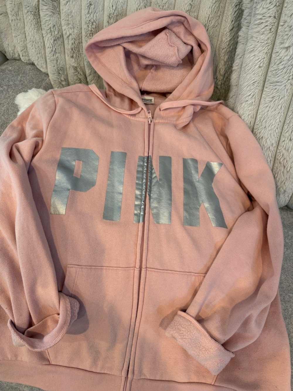PINK Victoria's Secret Light Pink Zip-Up Hoodie with Metallic Silver Logo
